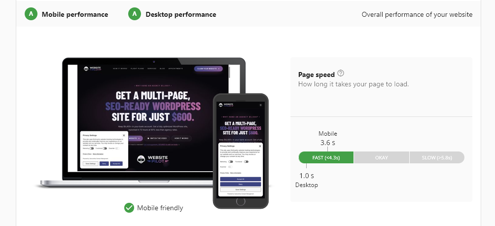 Performance report for a Navigator Launch coded site: grade A on mobile and desktop, 3.6s mobile and 1.0s desktop page speed, rated mobile friendly